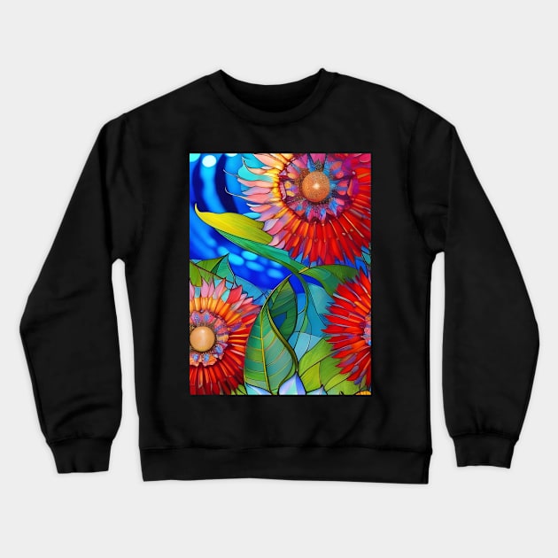 Red Staind Glass Flowers Crewneck Sweatshirt by LyndiiLoubie